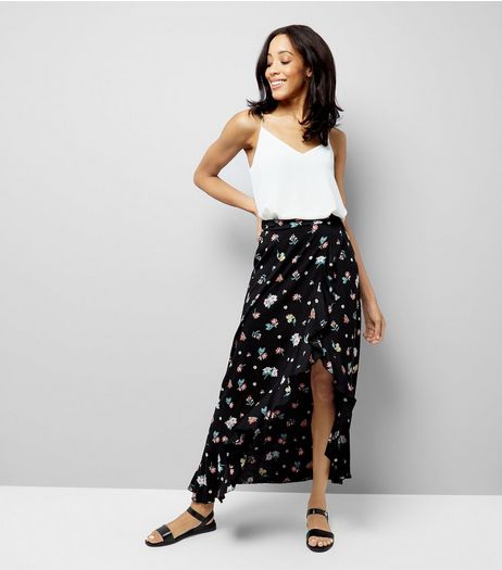 Black Floral Print Frill Maxi Skirt | New Look