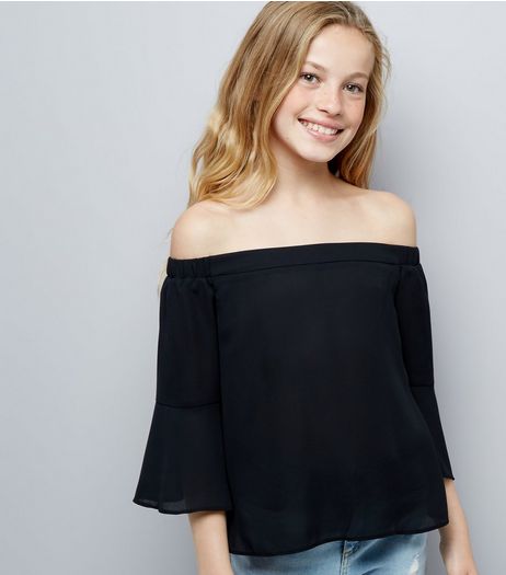 Teens Black Bell Sleeve Bardot Neck Top | New Look