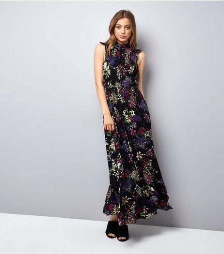 Blue Vanilla Black Floral Print Shirred Maxi Dress | New Look