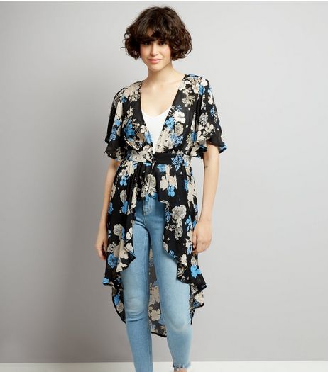 Black Floral Print Button Front Kimono | New Look