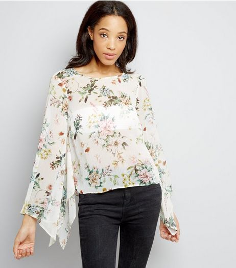 Cream Floral Print Hanky Sleeve Top | New Look