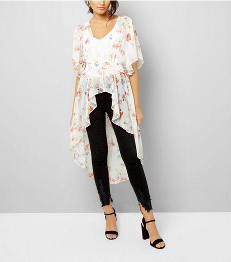 White Floral Print Dip Hem Kimono | New Look