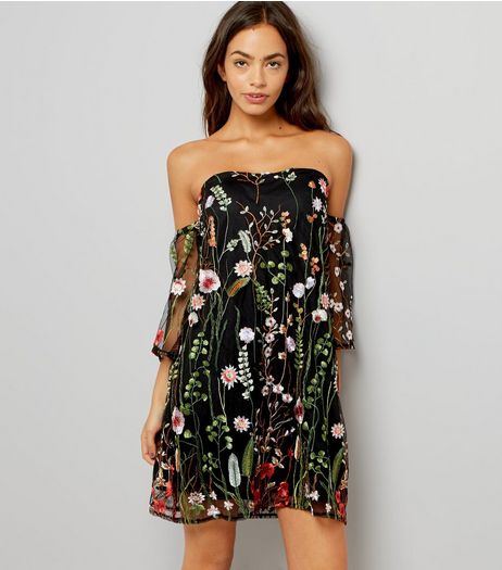 Parisian Black Mesh Floral Embroidered Bardot Dress | New Look