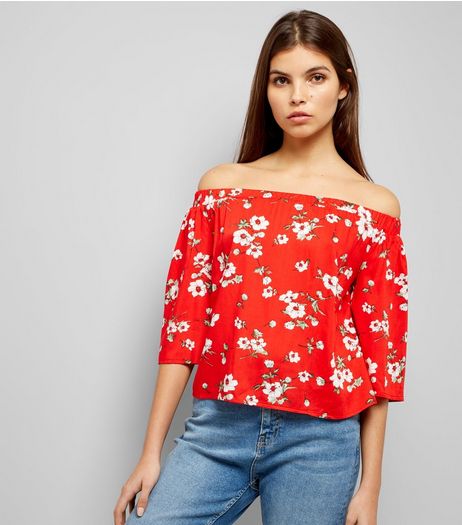 Parisian Red Floral Print Bardot Neck Top | New Look