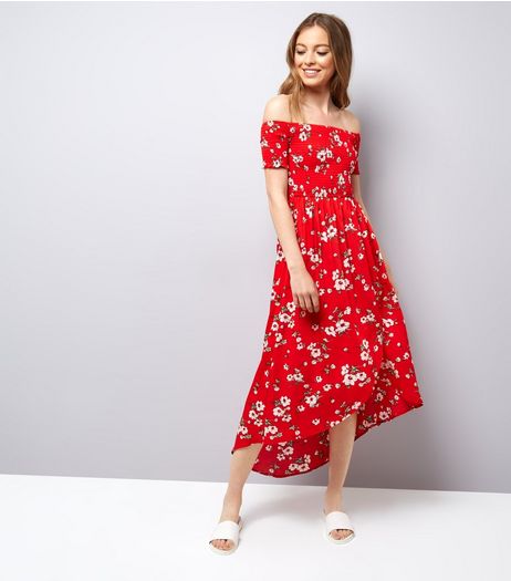 Parisian Red Floral Print Shirred Bardot Maxi Dress | New Look