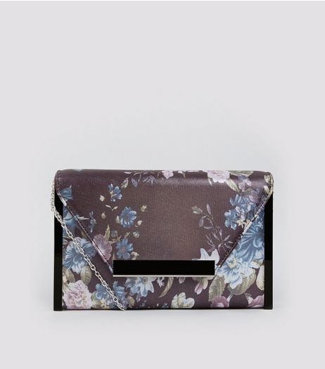 Grey Floral Print Envelope Box Clutch Bag | New Look