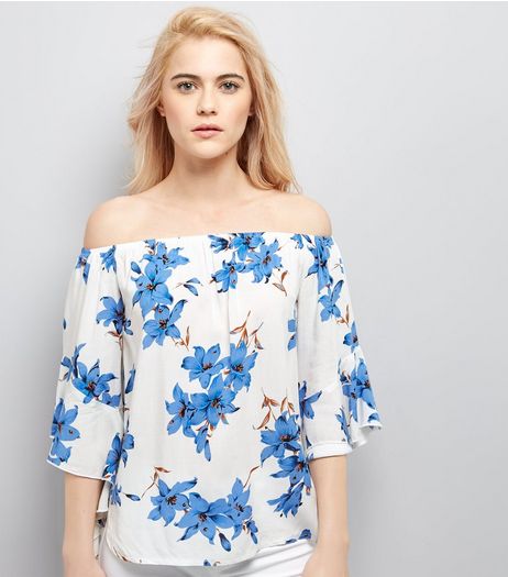 Parisian White Floral Print Tie Sleeve Bardot Top | New Look