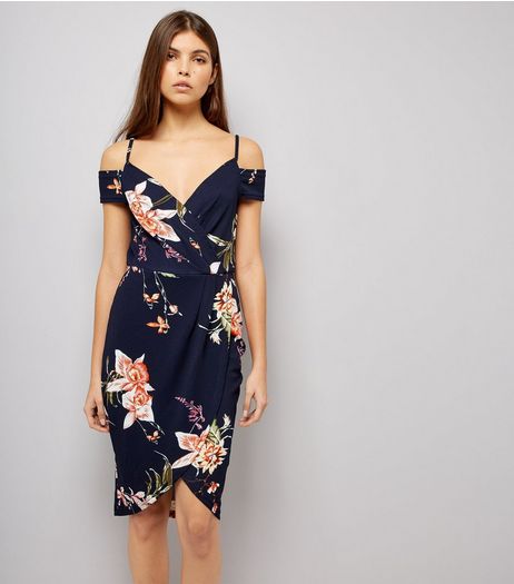 AX Paris Blue Floral Print Cold Shoulder Midi Dress | New Look