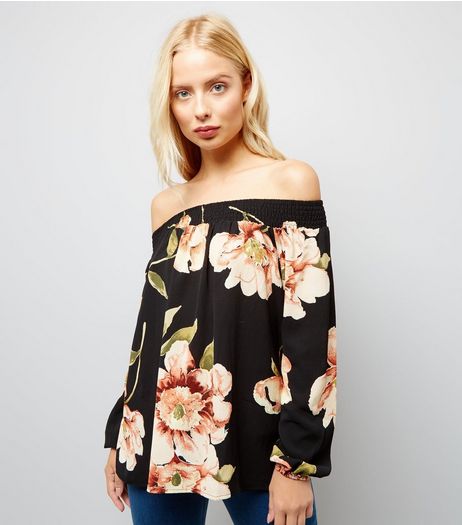 AX Paris Black Floral Print Bardot Neck Top | New Look