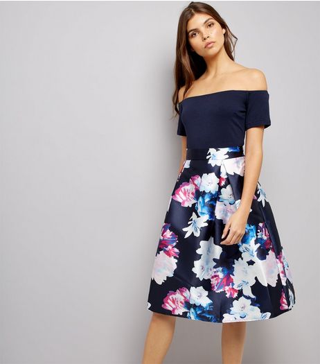 AX Paris Blue Floral Print 2 in 1 Bardot Neck Dress | New Look