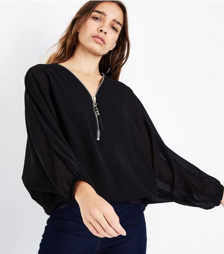 Mela Black Zip Front Batwing Sleeve Top | New Look