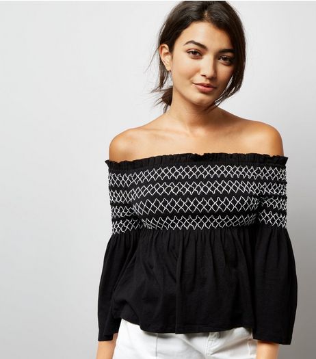 Black Contrast Shirred Panel Bardot Neck Top | New Look