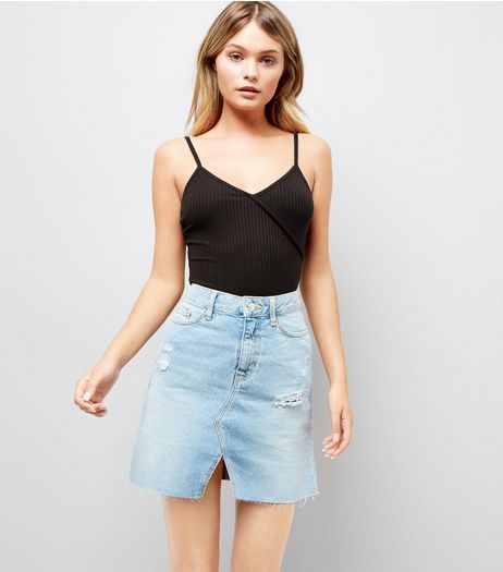 Black Ribbed Wrap Front Bodysuit | New Look