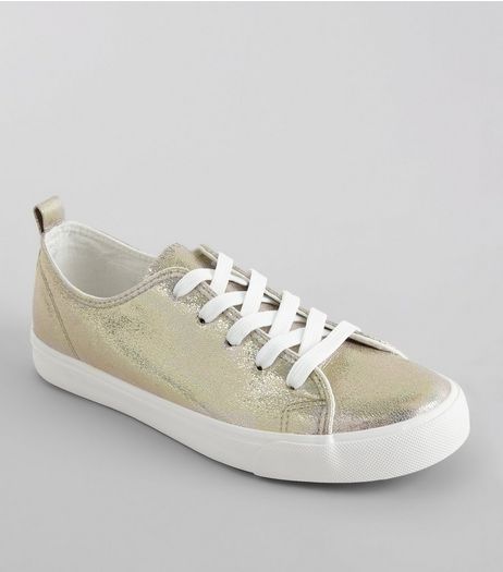 Gold Iridescent Lace Up Trainers | New Look