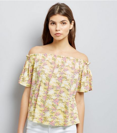 Yellow Palm Tree Print Bardot Top | New Look