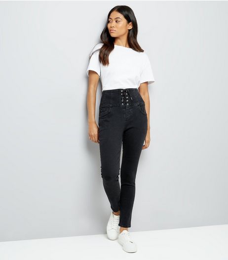 Petite Black Eyelet Lace Up High Waist Skinny Jeans | New Look