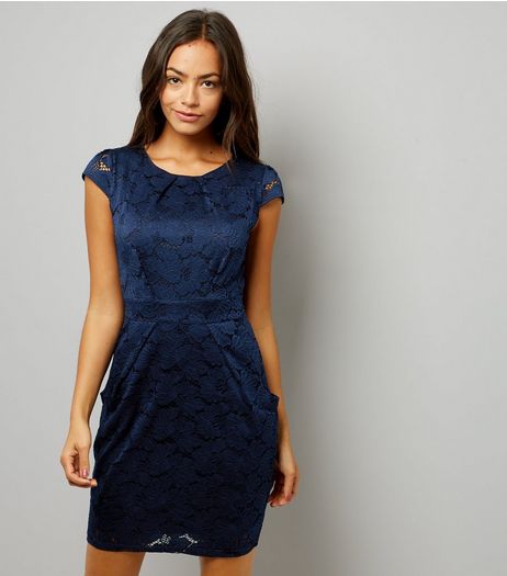 Blue Vanilla Navy Lace Bow Back Tulip Dress | New Look