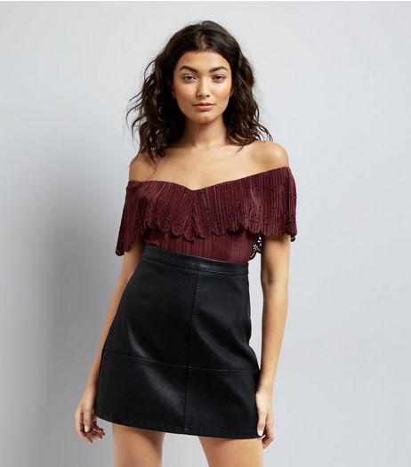 Burgundy Floral Cut Out Bardot Neck Bodysuit | New Look