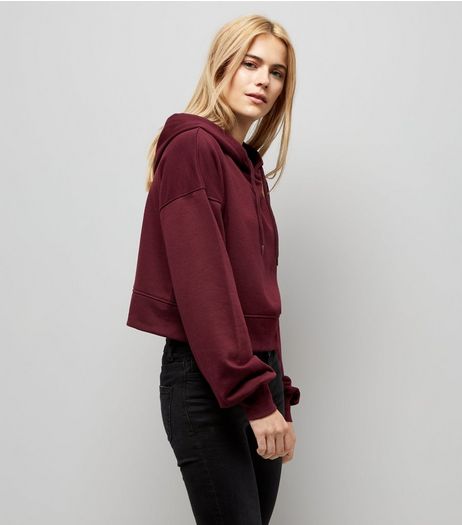 Burgundy Balloon Sleeve Cropped Hoodie | New Look