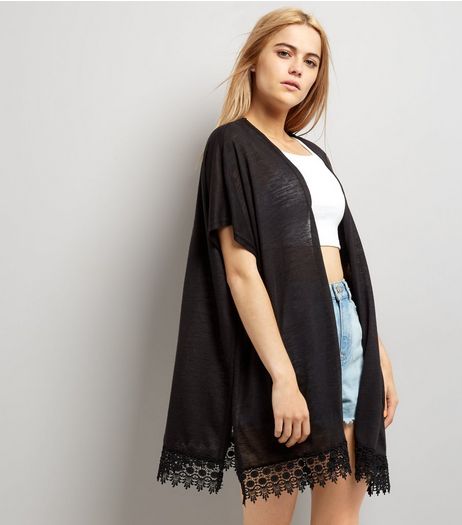 Black Crochet Lace Trim Kimono | New Look