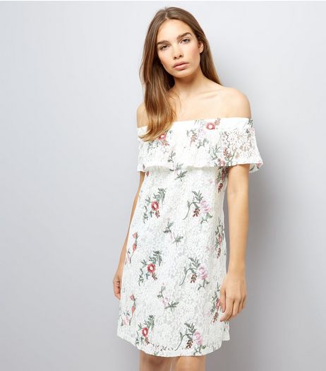 White Lace Floral Embroidered Bardot Dress | New Look