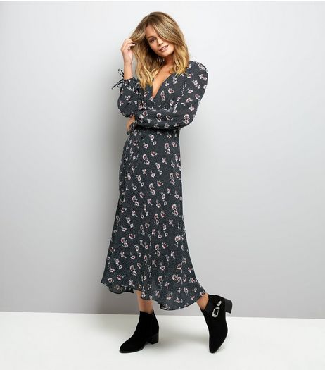 Black Floral and Spot Print Lace Up Midi Dress | New Look