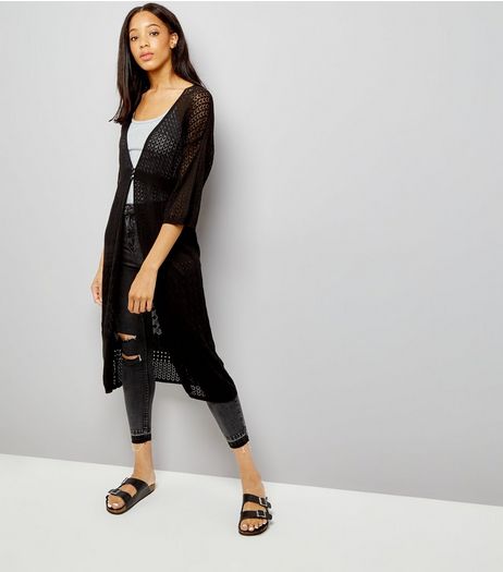 Black Pointelle Button Front Longline Cardigan | New Look