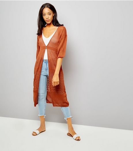 Light Brown Pointelle Button Front Longline Cardigan | New Look