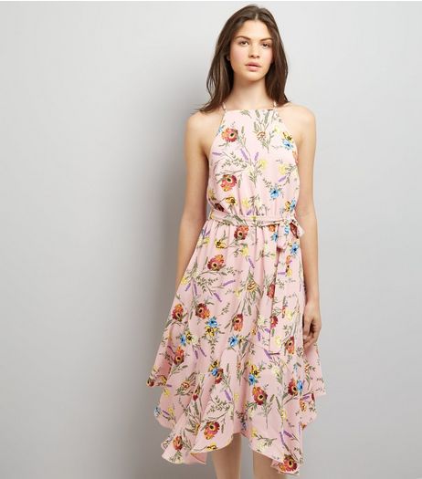 Pink Floral Print Hanky Hem Midi Dress | New Look