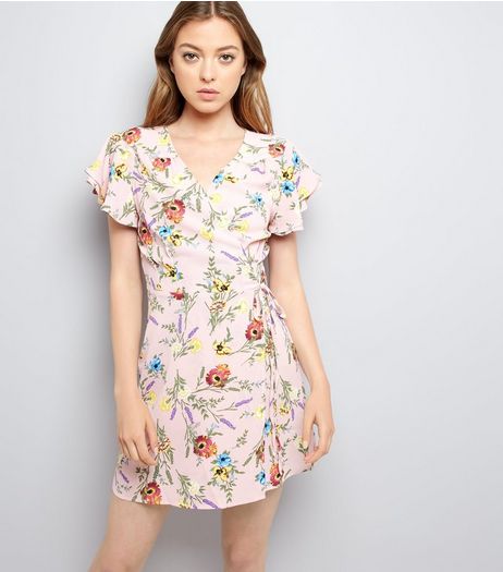 Pink Floral Print Wrap Front Skater Dress | New Look