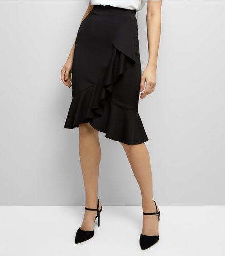 Black High Waist Frill Trim Midi Skirt | New Look