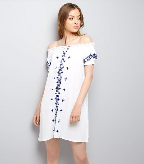 Blue and White Embroidered Bardot Dress | New Look