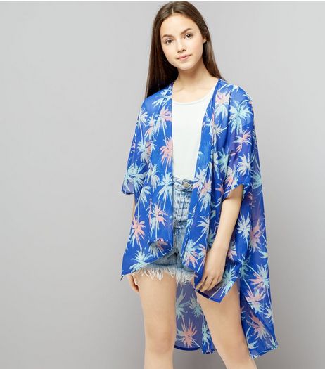 Teens Blue Palm Tree Print Dip Hem Kimono | New Look