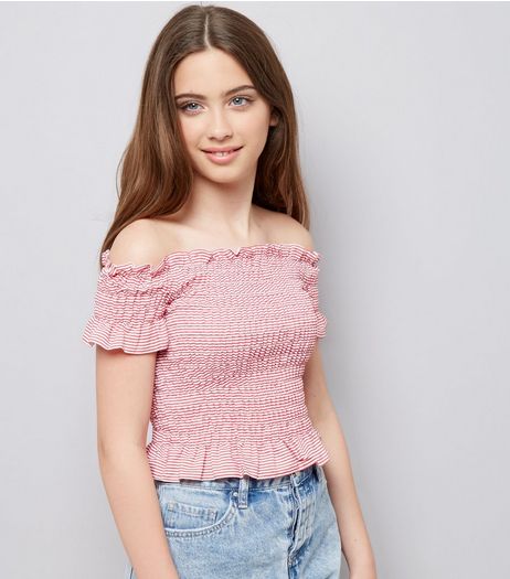 Teens Red Stripe Shirred Bardot Neck Top | New Look