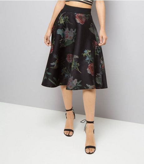 Black Floral Print Mesh Midi Skirt | New Look