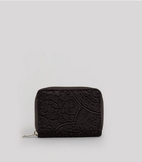 Black Baroque Embossed Velvet Zip Around Purse | New Look