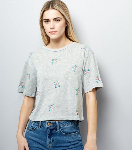 Grey Floral Embroidered T-Shirt | New Look