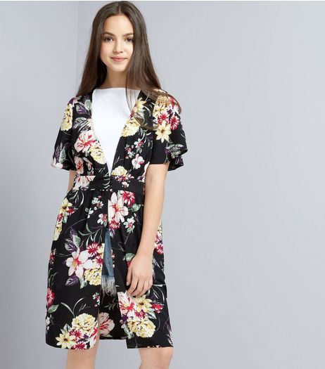 Teens Black Floral Print Button Front Kimono | New Look