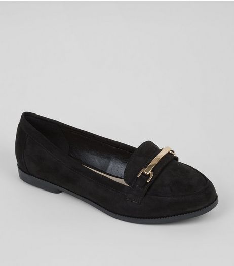 Wide Fit Black Comfort Suedette Metal Trim Loafers | New Look