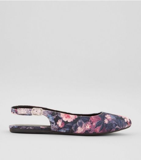 Wide Fit Black Floral Satin Sling Back Pointed Pumps | New Look