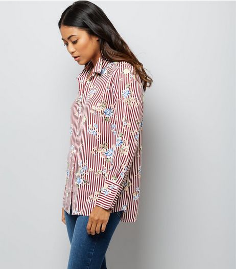 Petite Red Stripe Floral Print Shirt | New Look