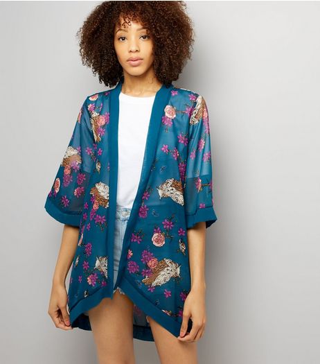 Mela Blue Floral Print Kimono | New Look