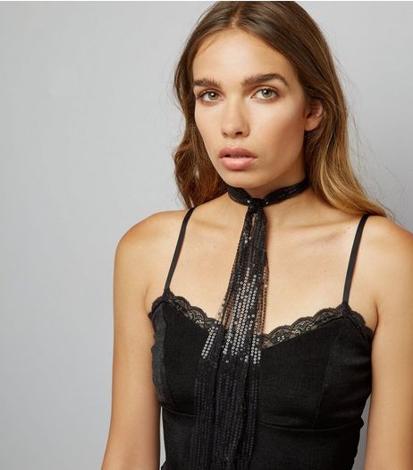 Black Sequin Embellished Scarf Choker | New Look
