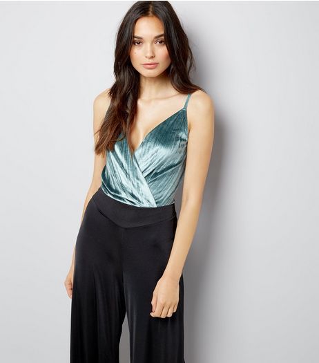 Green Velvet Wrap Front Bodysuit | New Look