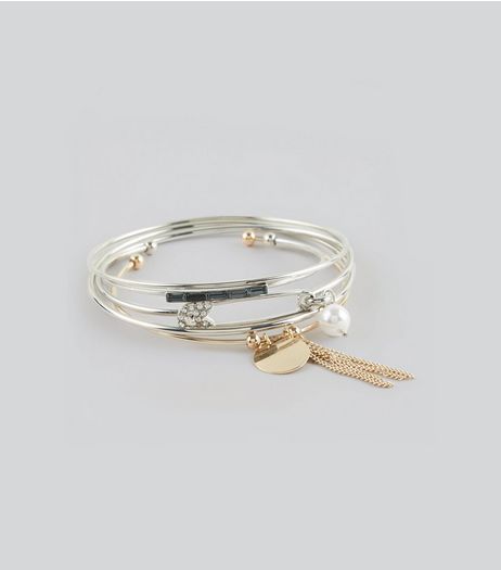 5 Pack Silver Pearl and Safety Pin Bangle | New Look