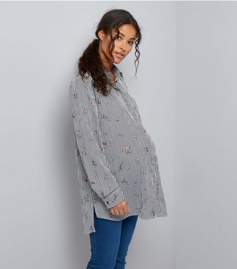 Maternity Blue Floral Stripe Longline Shirt | New Look