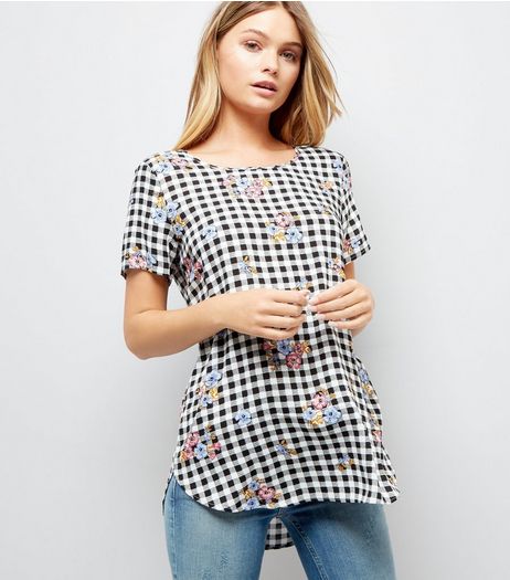 Black Gingham Floral Longline Top | New Look