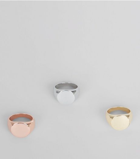 3 Pack Gold Signet Rings | New Look