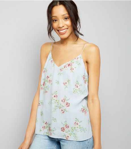 Pale Blue Stripe Floral Print V Neck Cami Top | New Look