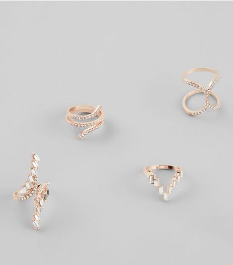 4 Pack Gold Crystal Swirl Rings | New Look